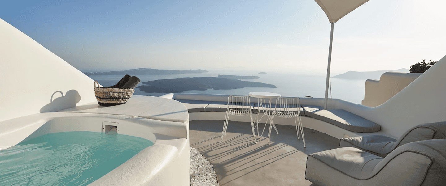 Stunning view from Heavens Edge at Mr and Mrs White Hotels Cyclades, overlooking the Aegean Sea.
