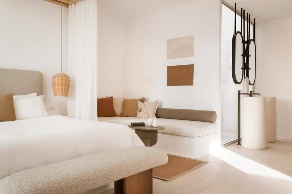 Modern pool suite with side sea view at Mr and Mrs White Hotels in Cyclades.