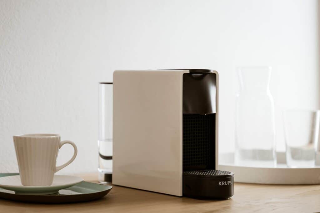 Modern coffee machine in Pool Suite with side sea view at Mr and Mrs White Hotels, Cyclades.