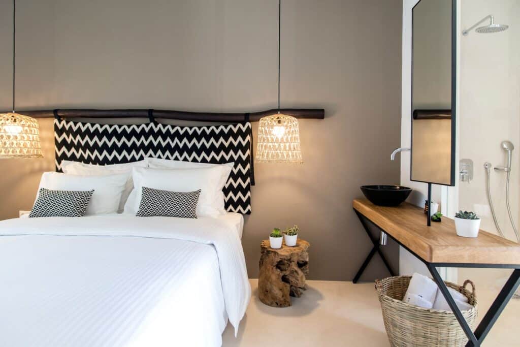 Elegant classic double room with sea and town views at Mr and Mrs White Hotels Cyclades.
