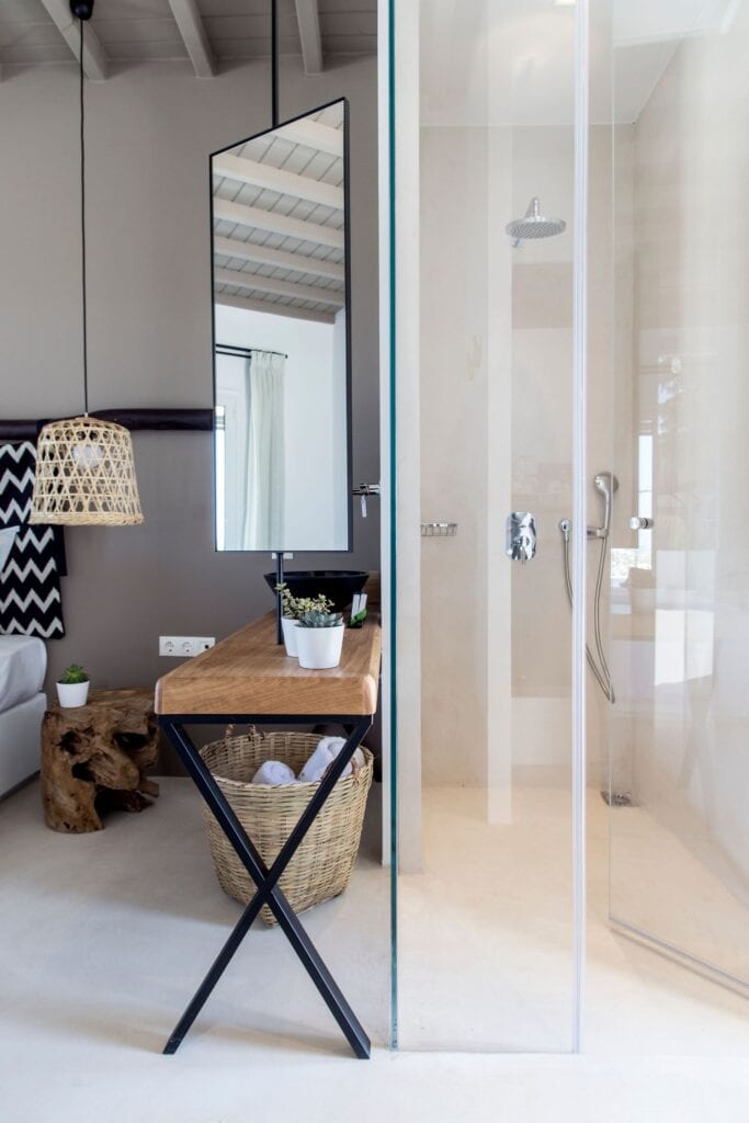 Sea view double room with modern bathroom and stylish decor at Mr and Mrs White Hotels Cyclades.