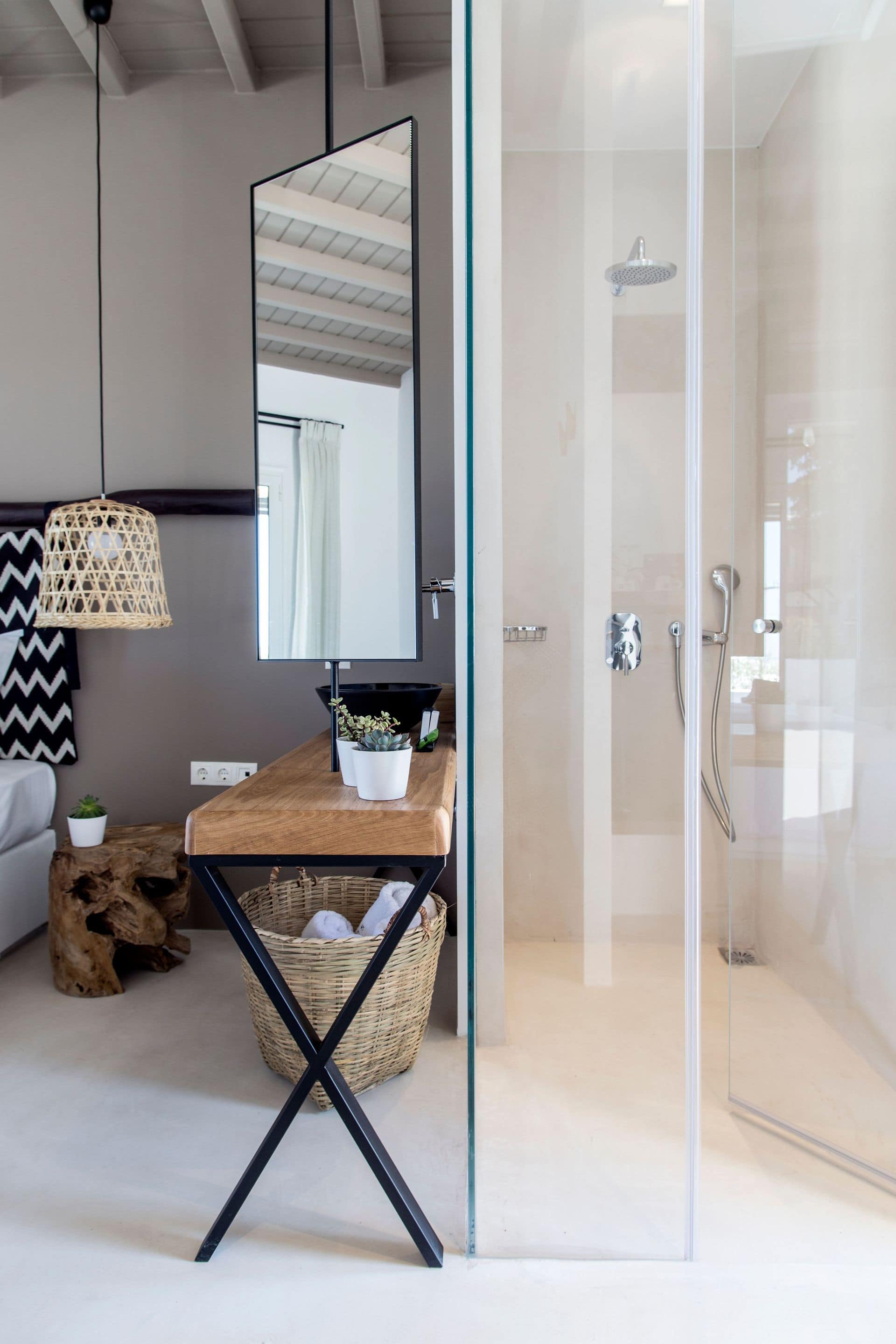 Sea view double room with modern bathroom and stylish decor at Mr and Mrs White Hotels Cyclades.