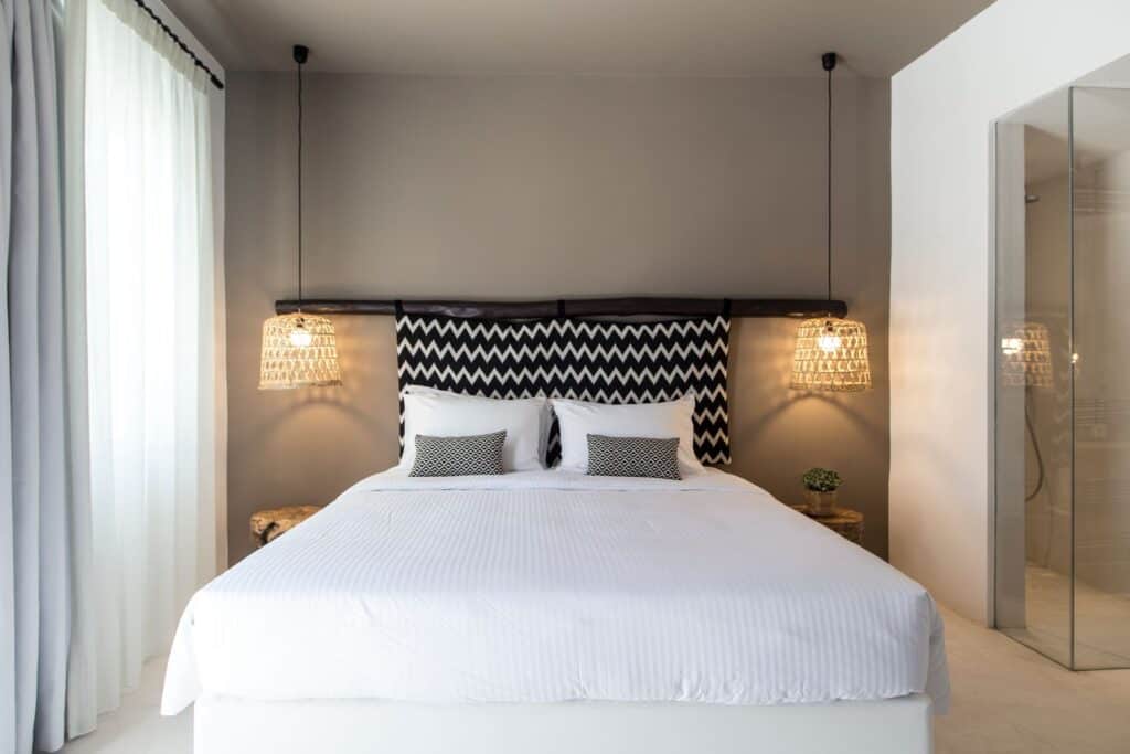 Elegant classic double room with sea view in Mr and Mrs White Hotels Cyclades.