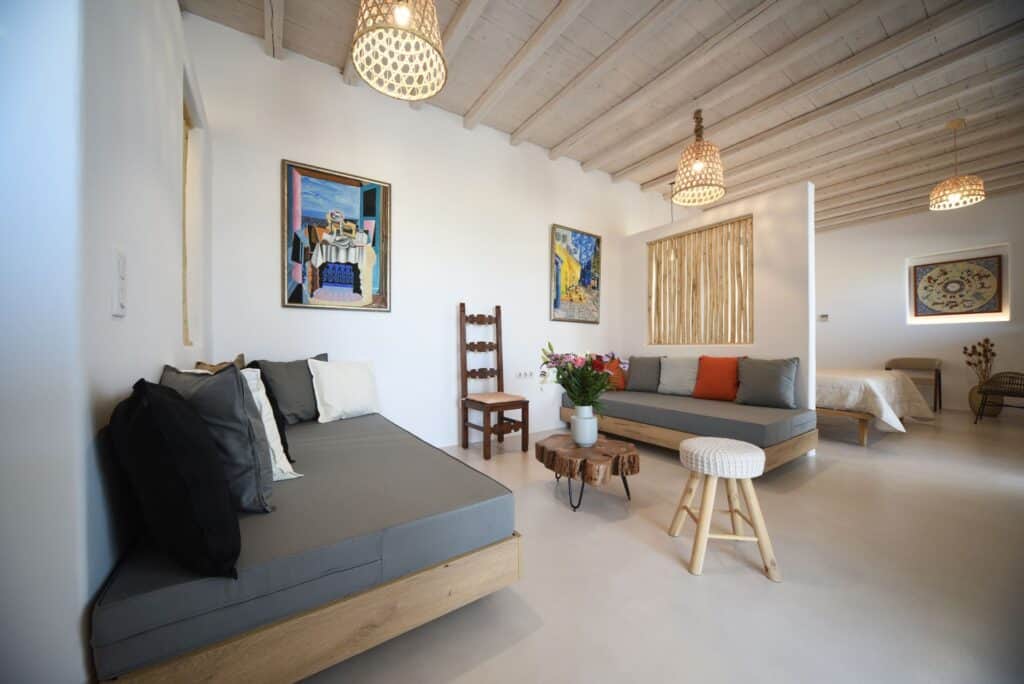 Elegant master suite featuring a private plunge pool and modern decor in the Cyclades. Perfect for a.