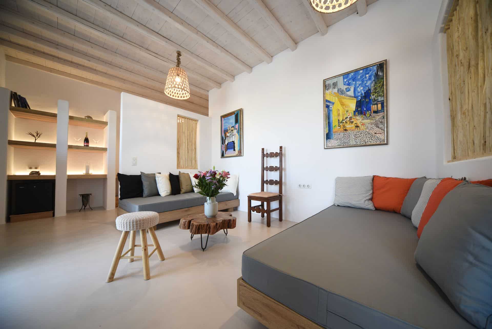 Elegant master suite with plunge pool, modern decor, and artistic touches in Cyclades. Perfect for a.