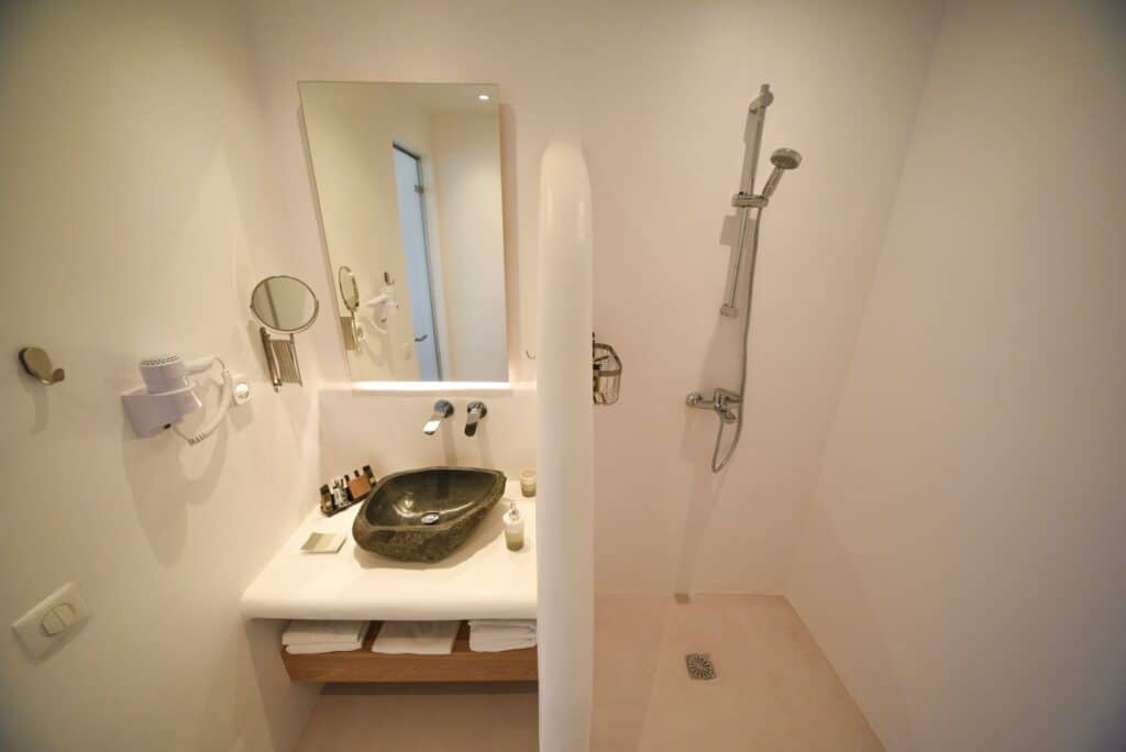 Elegant bathroom with walk-in shower and contemporary sink in the Master Suite with Plunge Pool.