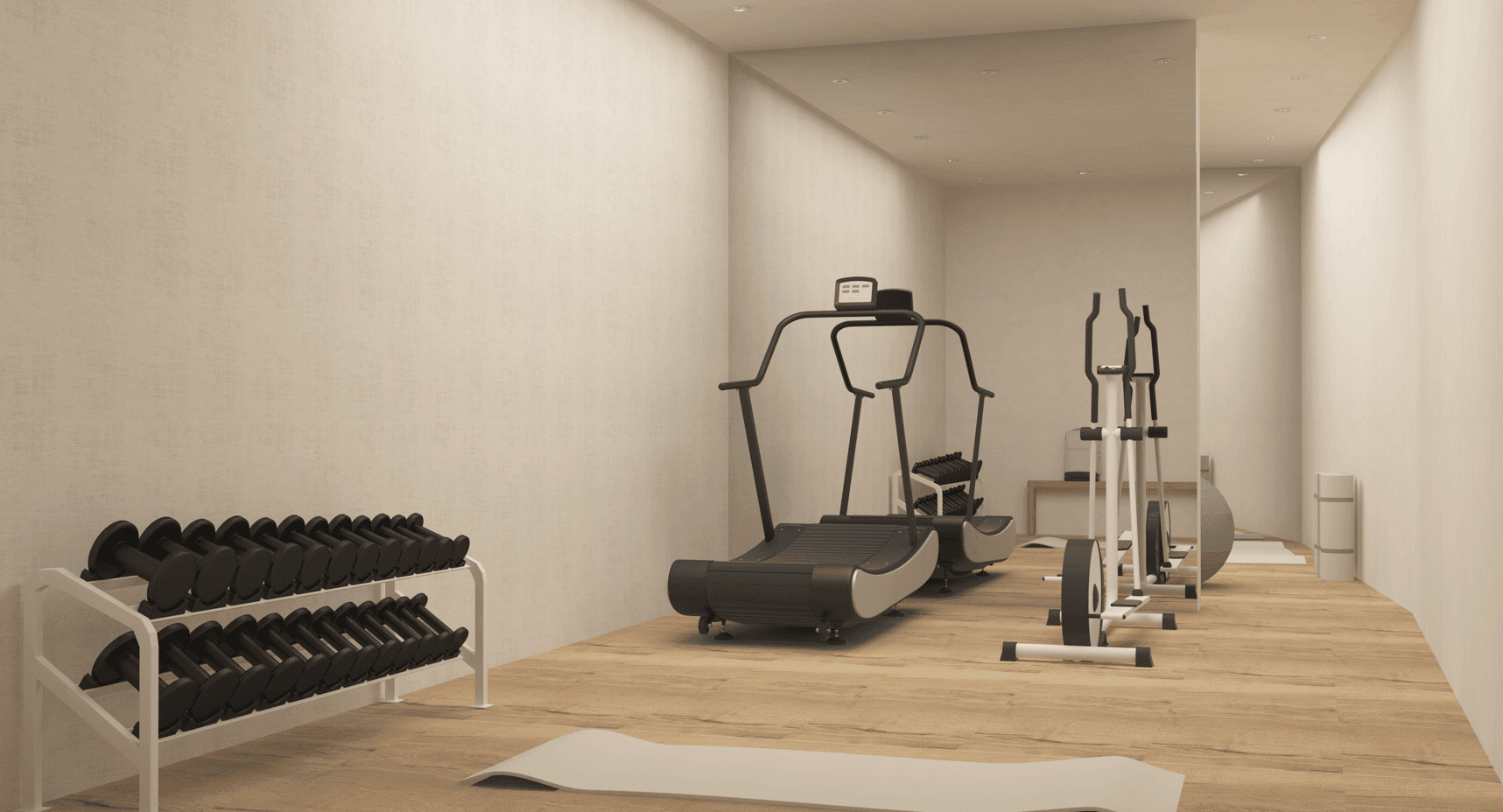 Gym equipment including treadmill, weights, and exercise bikes in a sleek hotel fitness area.