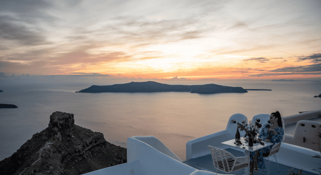 Stunning sunset over the Aegean Sea from Heavens Edge at Mr and Mrs White Hotels Cyclades.