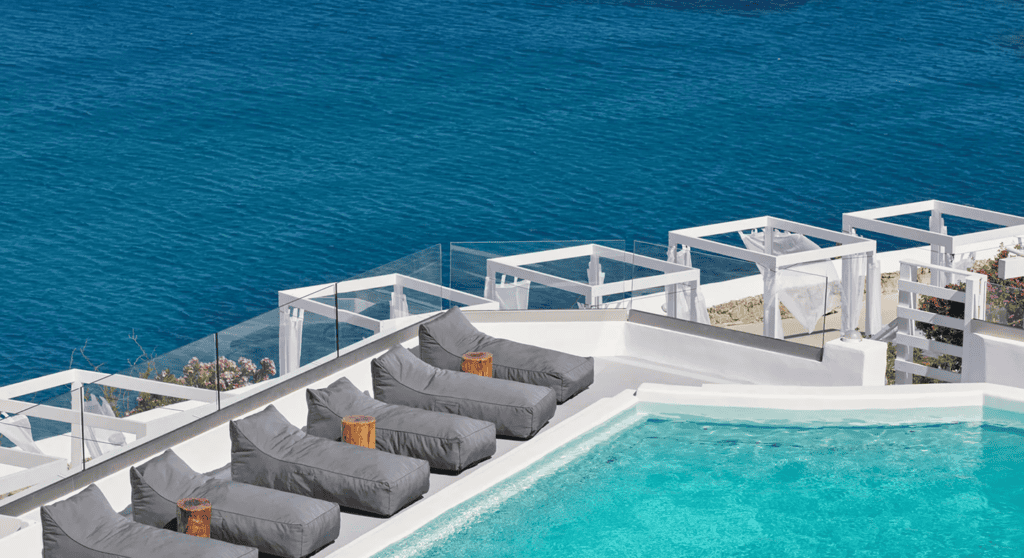 Infinity pool overlooking the Aegean Sea at Mr and Mrs White Hotels Cyclades.