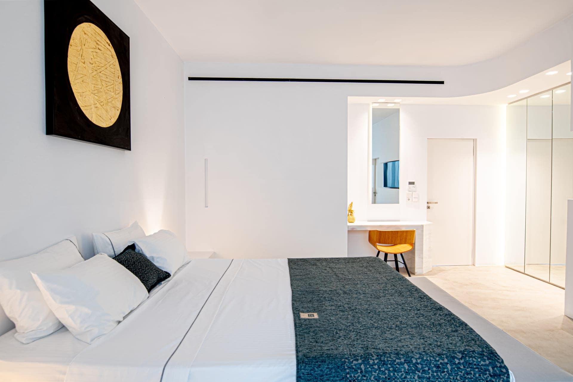 Luxurious villa with indoor pool in Cyclades, Greece. Modern design, spacious bedroom, and elegant d.