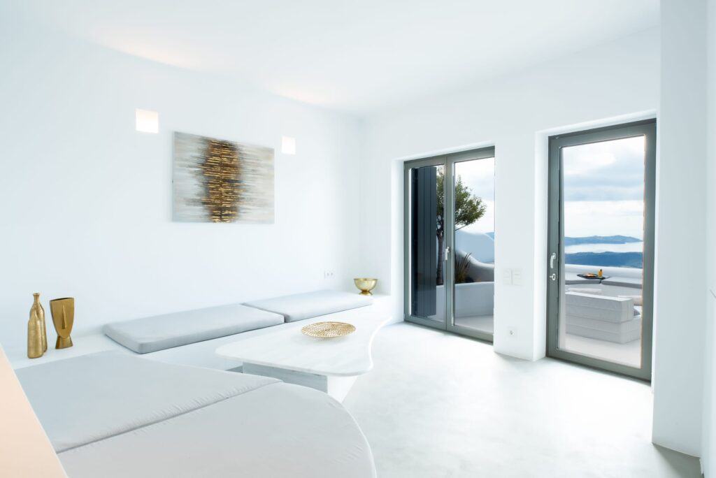Modern interior of Heavens Edge Villa with indoor pool and sea view in Cyclades.