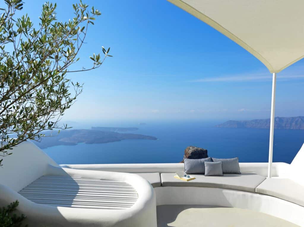 Stunning Cyclades villa with indoor pool, overlooking the Aegean Sea and scenic islands.