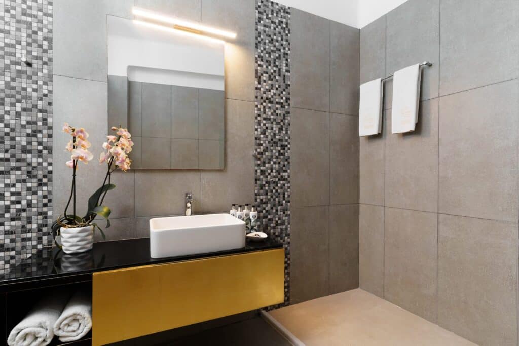 Elegant bathroom in a two-bedroom villa with private pool at Mr and Mrs White Hotels Cyclades.