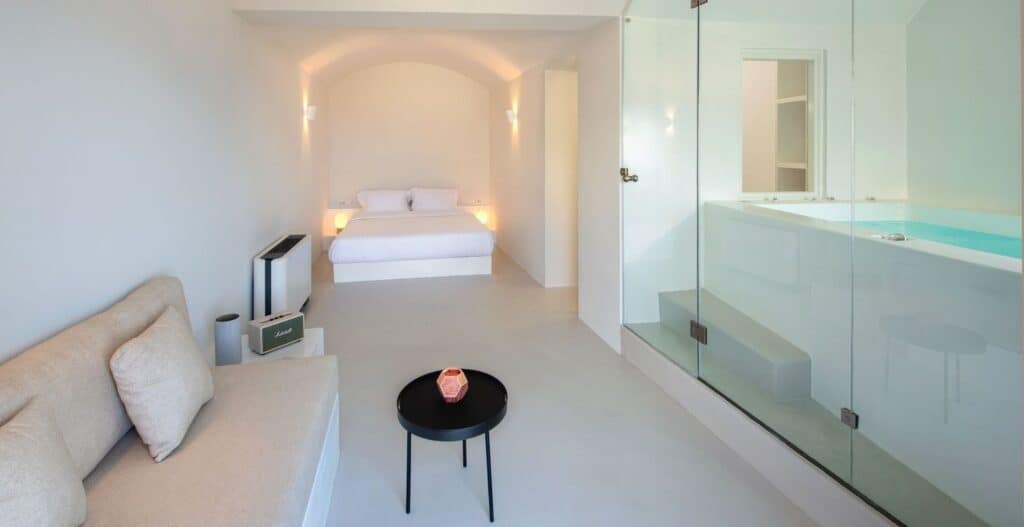 Sea view Junior Cave Suite with jetted tub at Mr and Mrs White Hotels Cyclades.