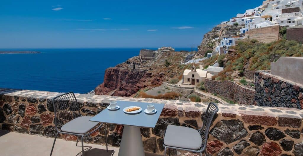 Scenic sea view from Junior Cave Suite with jetted tub at Mr and Mrs White Hotels Cyclades.