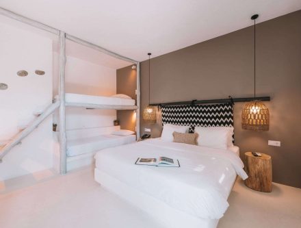 Spacious Friends and Family Room ideal for 4 guests at Mr and Mrs White Hotels Cyclades. Modern deco.