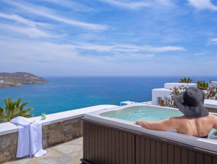 Sea view honeymoon suite with heated jetted tub in Cyclades, Greece. Perfect romantic getaway with s.