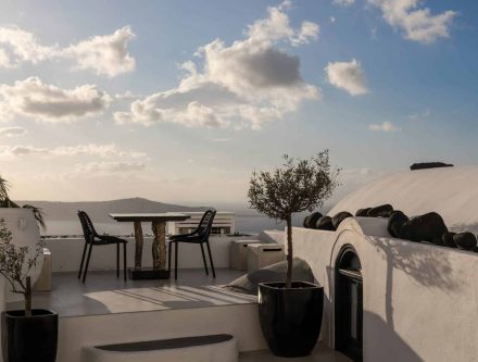 The Mill Suite with outdoor jetted tub and caldera view in Santorini, Greece.
