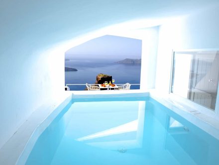 Luxury suite with private plunge pool overlooking the Aegean Sea. Perfect for a romantic getaway in.