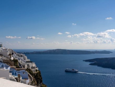 Caldera view from a studio in Mr and Mrs White Hotels Cyclades, overlooking the Aegean Sea.
