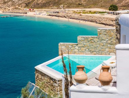 Sea view from the Grand Deluxe Suite with private pool at Mr and Mrs White Hotels Cyclades.