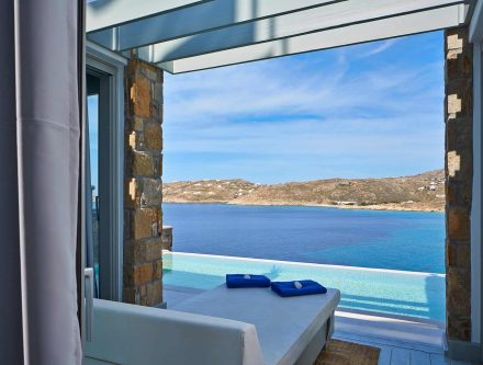 Sea view from the Grand Deluxe Two Bedroom Villa with private pool at Mr and Mrs White Hotels Cyclad.